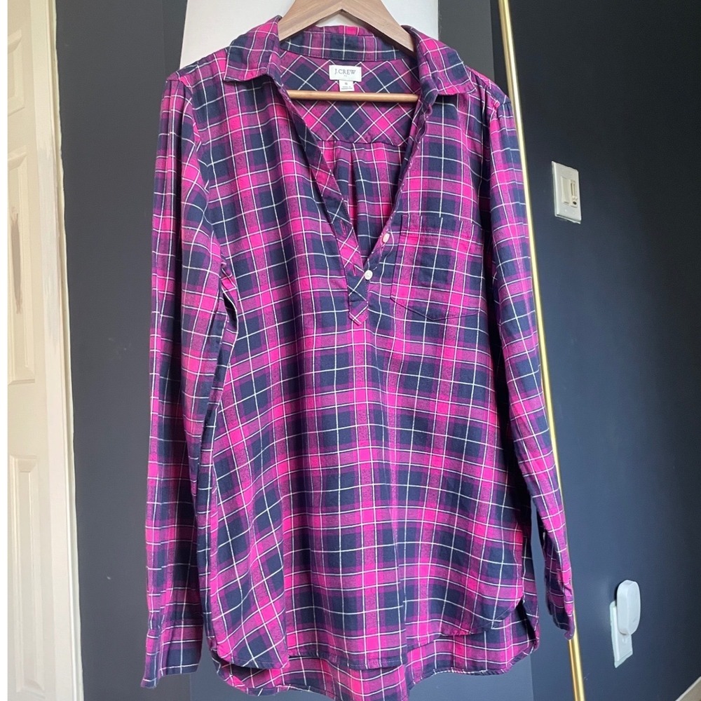 J. Crew Flannel Cotton Tunic Navy Pink Small